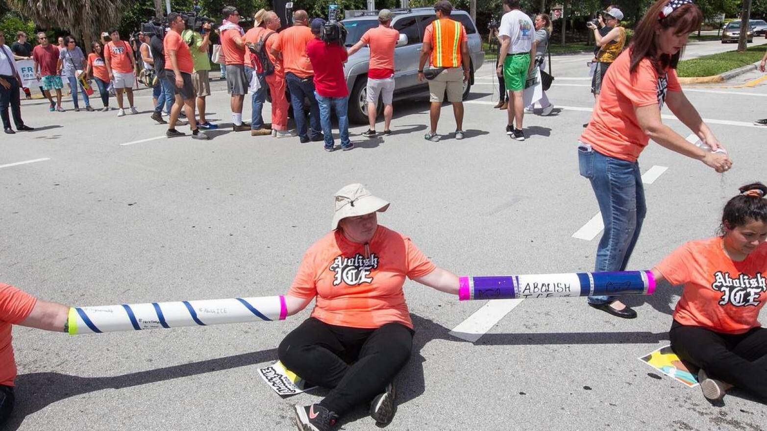 Demonstrators block traffic outside the federal Immigration and Customs Enforcement facility in Miramar last October to protest what they called inhumane treatment of immigrants there.